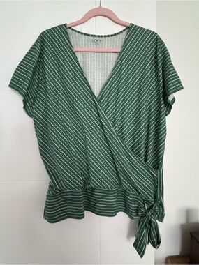 LOFT Green and White Striped Wrap Tie Short Sleeve Top XL New without tags